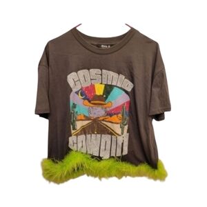 Blue B Collection Unique Cosmic Cowgirl Gray Tee With Lime Green Boa Size Large